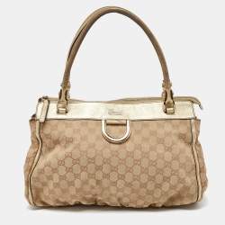 Pre Owned Gucci Beige/Gold GG Canvas and Leather D Ring Satchel
