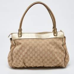 Pre Owned Gucci Beige/Gold GG Canvas and Leather D Ring Satchel
