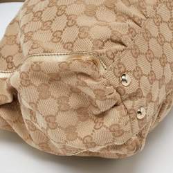 Pre Owned Gucci Beige/Gold GG Canvas and Leather D Ring Satchel