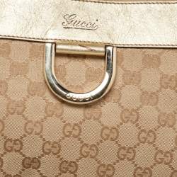Pre Owned Gucci Beige/Gold GG Canvas and Leather D Ring Satchel