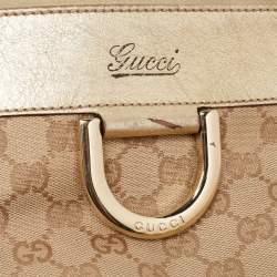Pre Owned Gucci Beige/Gold GG Canvas and Leather D Ring Satchel