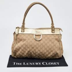 Pre Owned Gucci Beige/Gold GG Canvas and Leather D Ring Satchel