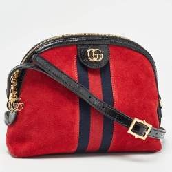 Pre Owned Gucci Red/Black Suede and Patent Leather Small  Ophidia Shoulder Bag
