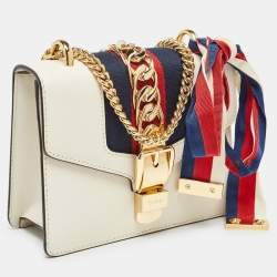 Pre Owned Gucci Off White Leather Mini Web Chain Sylvie Crossbody Bag