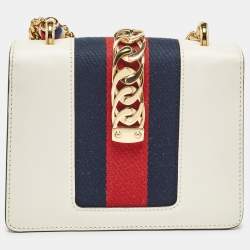 Pre Owned Gucci Off White Leather Mini Web Chain Sylvie Crossbody Bag