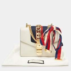 Pre Owned Gucci Off White Leather Mini Web Chain Sylvie Crossbody Bag