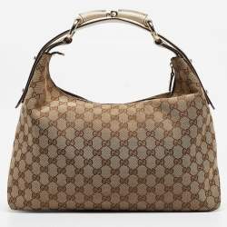Pre Owned Gucci White/Beige GG Canvas Medium Horsebit Hobo