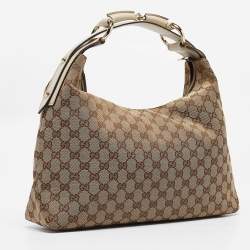 Pre Owned Gucci White/Beige GG Canvas Medium Horsebit Hobo