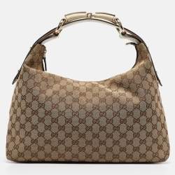 Pre Owned Gucci White/Beige GG Canvas Medium Horsebit Hobo