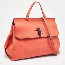 Pre Owned Gucci Orange Leather Large Bamboo Daily Top Handle Bag