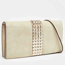 Pre Owned Gucci Beige Suede Crystals Embellished Flap Chain Clutch