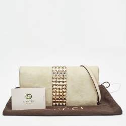 Pre Owned Gucci Beige Suede Crystals Embellished Flap Chain Clutch