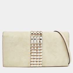 Pre Owned Gucci Beige Suede Crystals Embellished Flap Chain Clutch