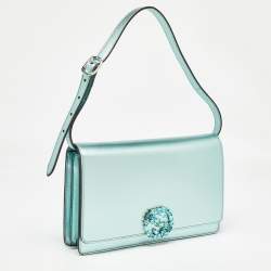 Pre Owned Gucci Metallic Mint Green Leather Crystals Broadway Clutch Bag