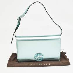 Pre Owned Gucci Metallic Mint Green Leather Crystals Broadway Clutch Bag
