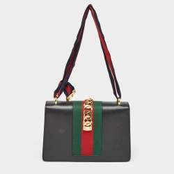 Pre Owned Gucci Black Leather Small Web Sylvie Shoulder Bag