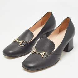Pre Owned Gucci Black Leather GG Block Heel Pumps Size 38.5