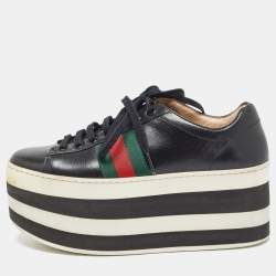 Gucci Black Leather Web Peggy Platform Sneakers Size 36