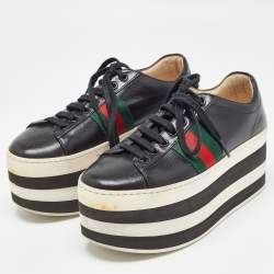 Gucci Black Leather Web Peggy Platform Sneakers Size 36