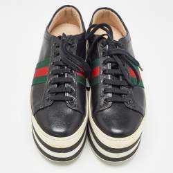 Gucci Black Leather Web Peggy Platform Sneakers Size 36