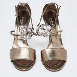 Gucci Metallic Leather Crystal Embellished Interlocking G Ankle Strap Sandals Size 40.5