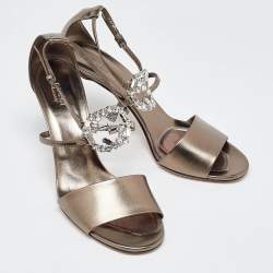 Gucci Metallic Leather Crystal Embellished Interlocking G Ankle Strap Sandals Size 40.5