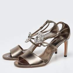 Gucci Metallic Leather Crystal Embellished Interlocking G Ankle Strap Sandals Size 40.5