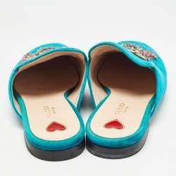 مملوكة مسبقًا Gucci Teal Velvet Tiger Embellished Princetown Flat Mules Size 37