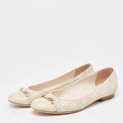 Pre Owned Gucci Cream Monogram Leather Cap Toe Ballet Flats Size 38