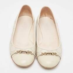 Pre Owned Gucci Cream Monogram Leather Cap Toe Ballet Flats Size 38
