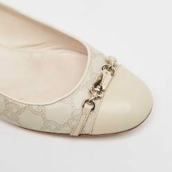 Pre Owned Gucci Cream Monogram Leather Cap Toe Ballet Flats Size 38