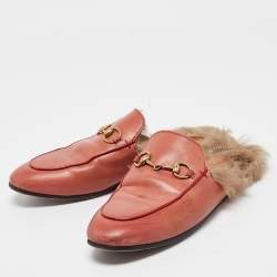 Pre Owned Gucci Pink Leather Princetown Flat Mules Size 37