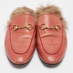 Pre Owned Gucci Pink Leather Princetown Flat Mules Size 37