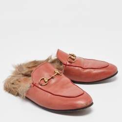 Pre Owned Gucci Pink Leather Princetown Flat Mules Size 37