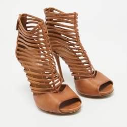 Pre Owned Gucci Brown Leather Open Toe Caged Sandals Size 38.5