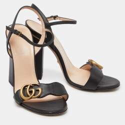 Pre Owned Gucci Black Leather GG Marmont Block Heel Ankle Strap Sandals Size 36