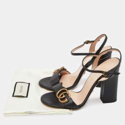 Pre Owned Gucci Black Leather GG Marmont Block Heel Ankle Strap Sandals Size 36