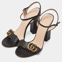 Pre Owned Gucci Black Leather GG Marmont Block Heel Ankle Strap Sandals Size 36