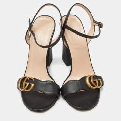 Pre Owned Gucci Black Leather GG Marmont Block Heel Ankle Strap Sandals Size 36