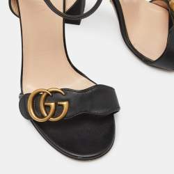 Pre Owned Gucci Black Leather GG Marmont Block Heel Ankle Strap Sandals Size 36