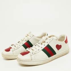 Gucci White Leather Ace Heart Web Low Top Sneakers Size 37