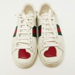 Gucci White Leather Ace Heart Web Low Top Sneakers Size 37