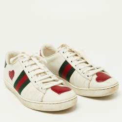 Gucci White Leather Ace Heart Web Low Top Sneakers Size 37