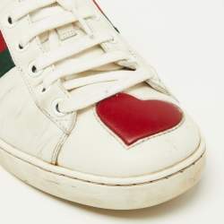 Gucci White Leather Ace Heart Web Low Top Sneakers Size 37