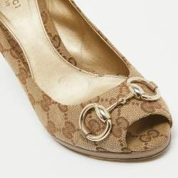 Gucci Beige GG Canvas and Leather Peep Toe Pumps Size 39