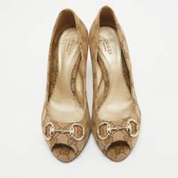 Gucci Beige GG Canvas and Leather Peep Toe Pumps Size 39