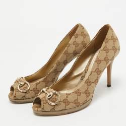 Gucci Beige GG Canvas and Leather Peep Toe Pumps Size 39