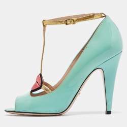 Gucci Blue Patent Molina  Ankle Strap Pumps Size 37