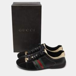 Gucci Gold/Black Leather and Suede Web Detail Low Top Sneakers Size 44.5