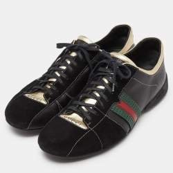 Gucci Gold/Black Leather and Suede Web Detail Low Top Sneakers Size 44.5